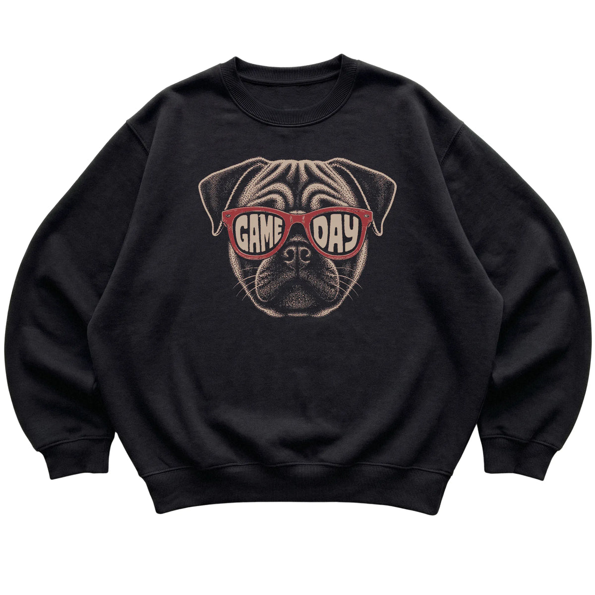 Black Pug Game Day Sunglasses sweatshirt, laid flat