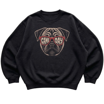 Black Pug Game Day Sunglasses sweatshirt, laid flat