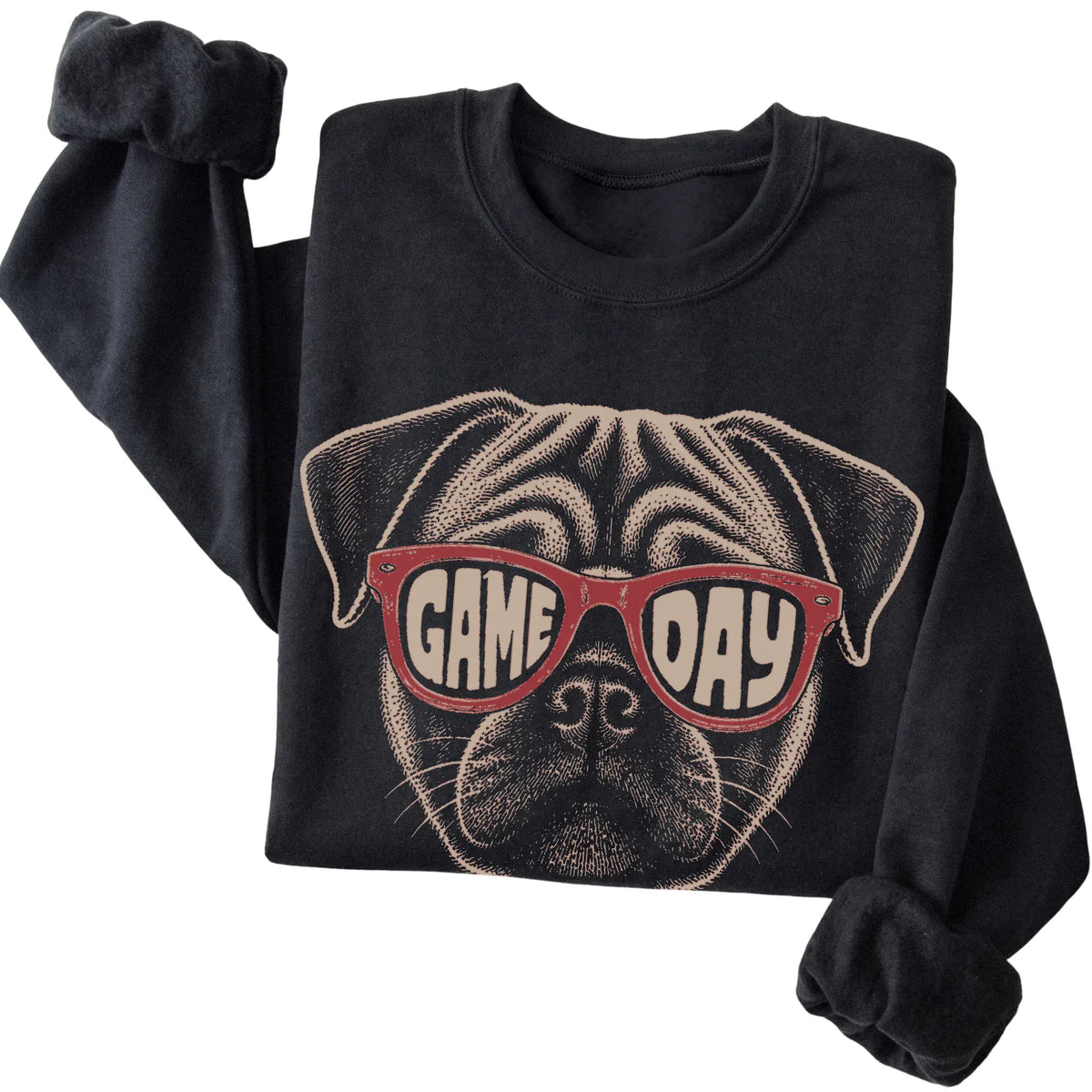 Black Pug Game Day Sunglasses sweatshirt, folded