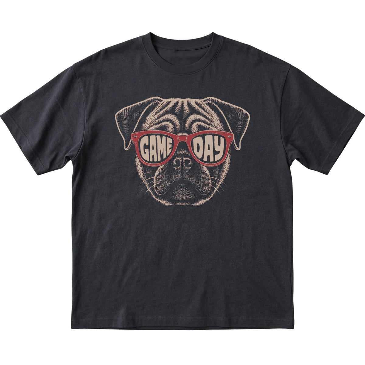 Black Pug Game Day Sunglasses T-shirt, laid flat