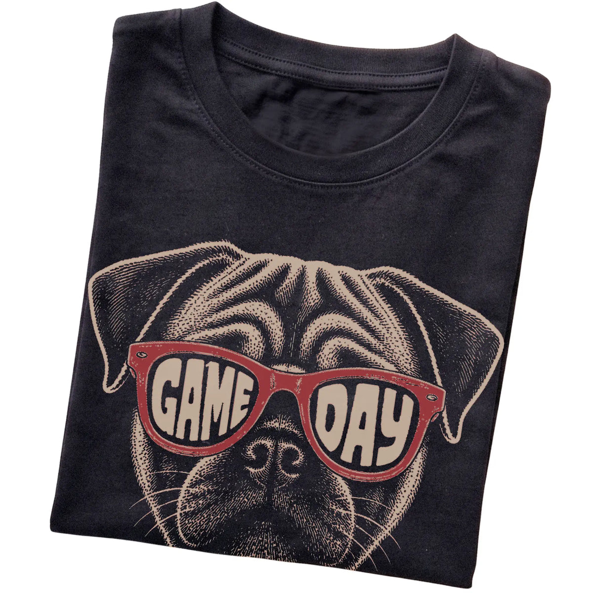 Black Pug Game Day Sunglasses T-shirt, folded