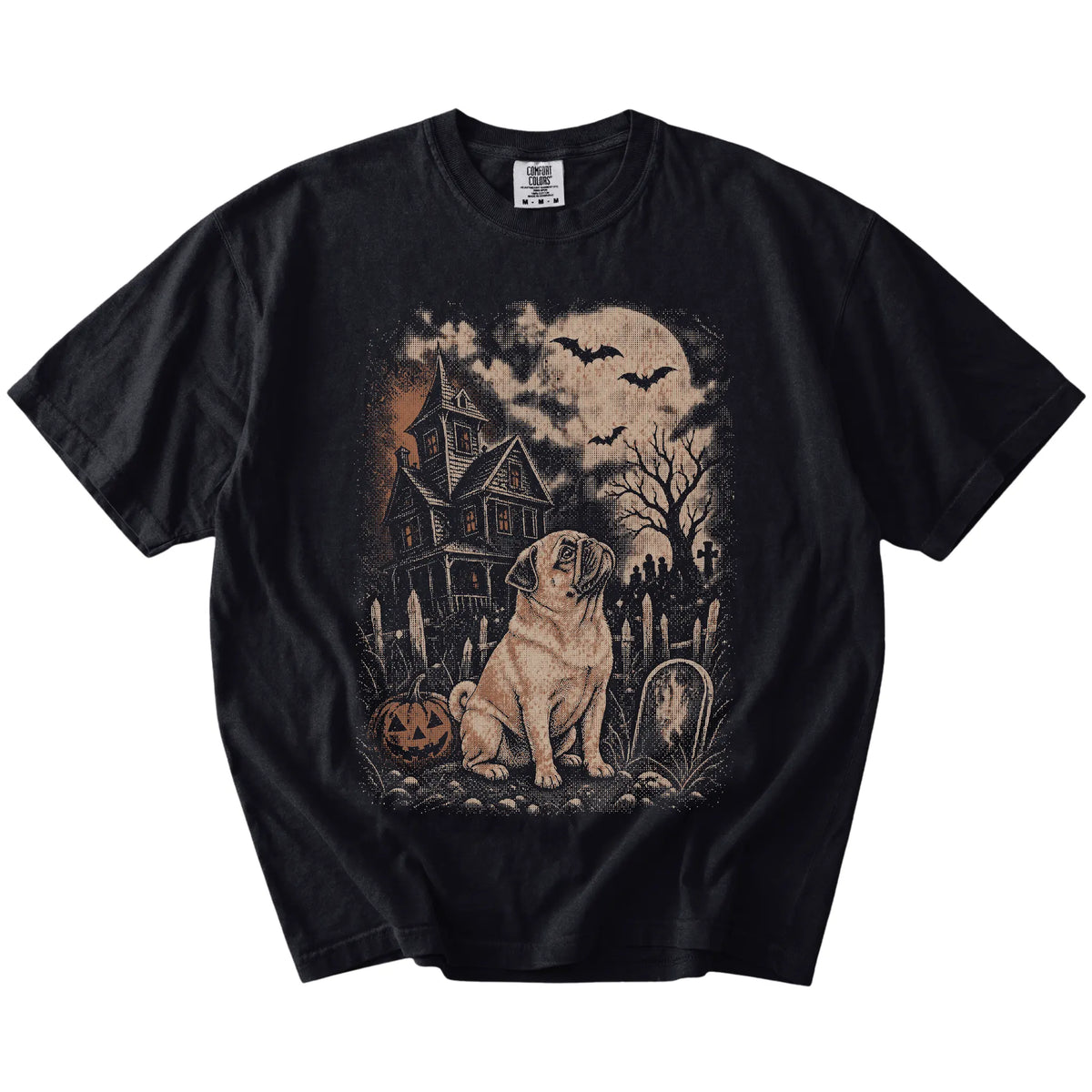 Pug in a vintage haunted-house scene on a Black Comfort Colors® T-shirt