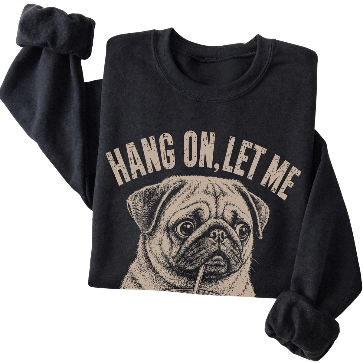 Black crewneck sweatshirt featuring Overthinking Pug, folded presentation