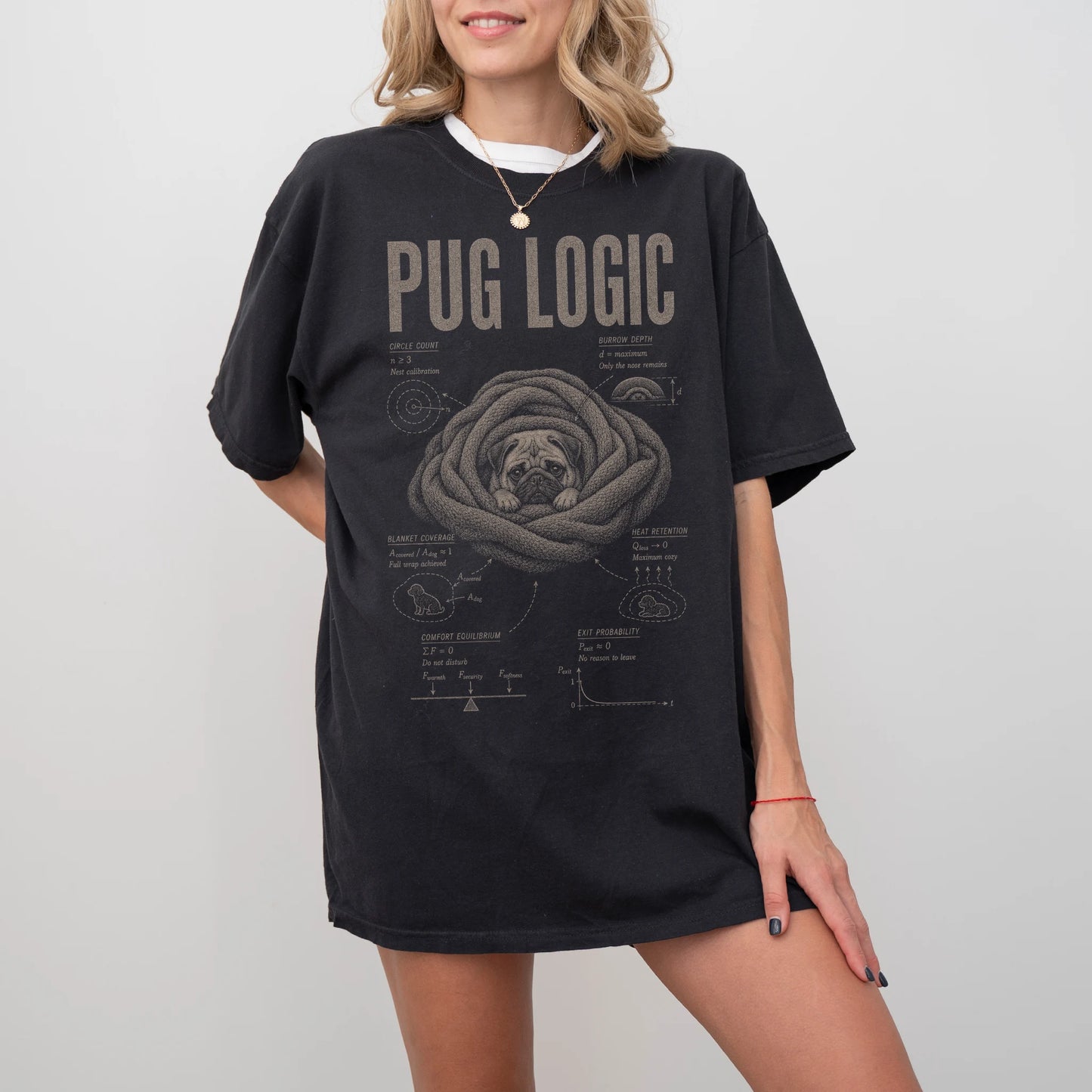 Woman wearing a Black Pug Logic T-Shirt