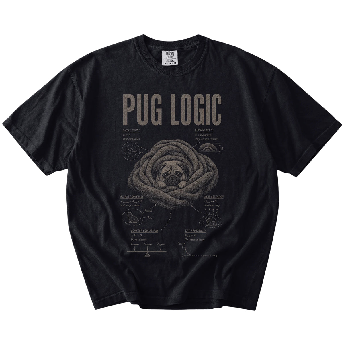 Black Pug Logic T-Shirt laid flat