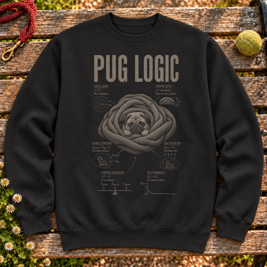 Pug Logic on a Black crewneck sweatshirt, shown flat