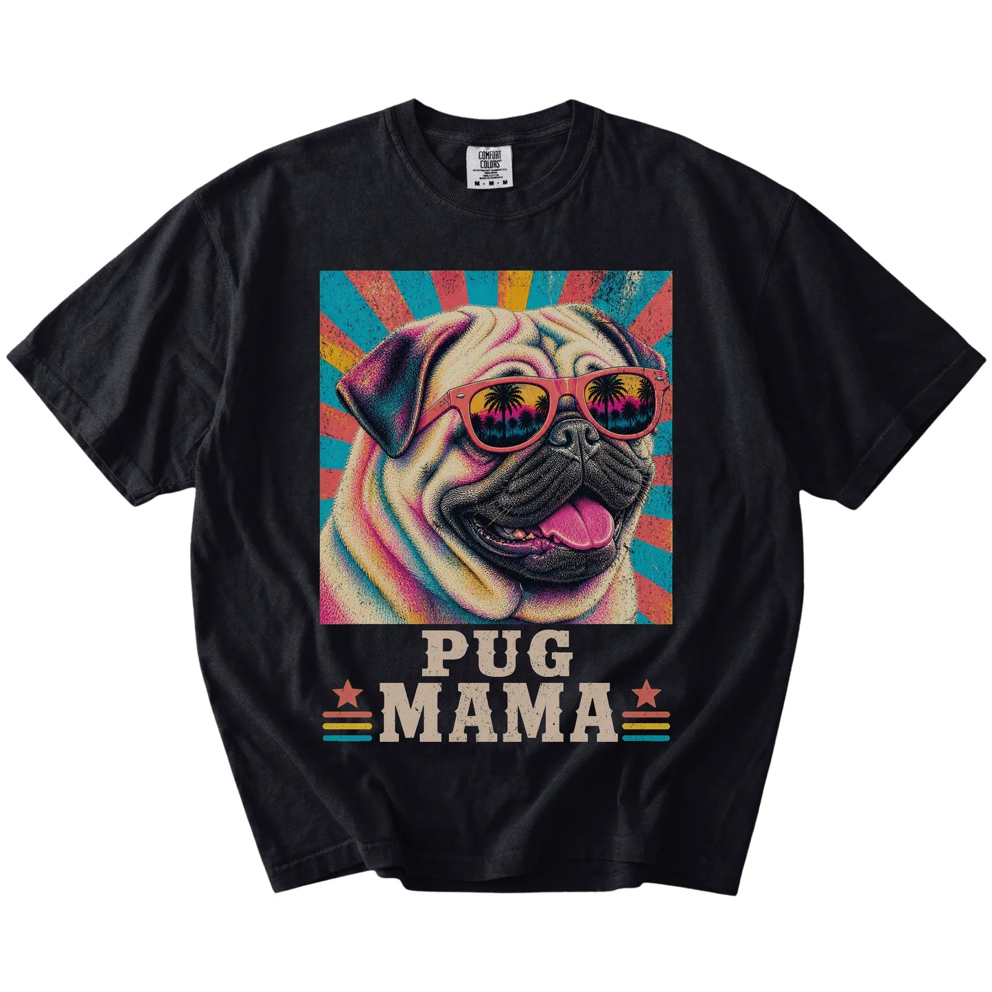 Retro Pug Mama design on a Black Comfort Colors T-shirt