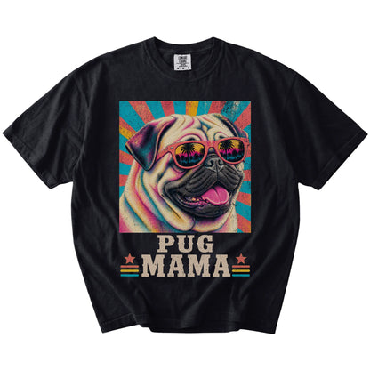 Retro Pug Mama design on a Black Comfort Colors T-shirt