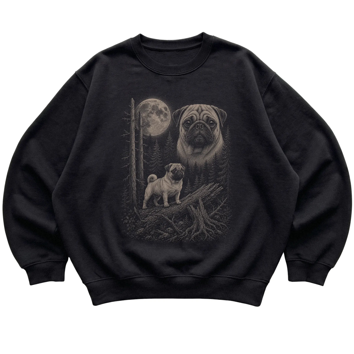Pug Moonlit Forest graphic on a black crewneck sweatshirt laid flat