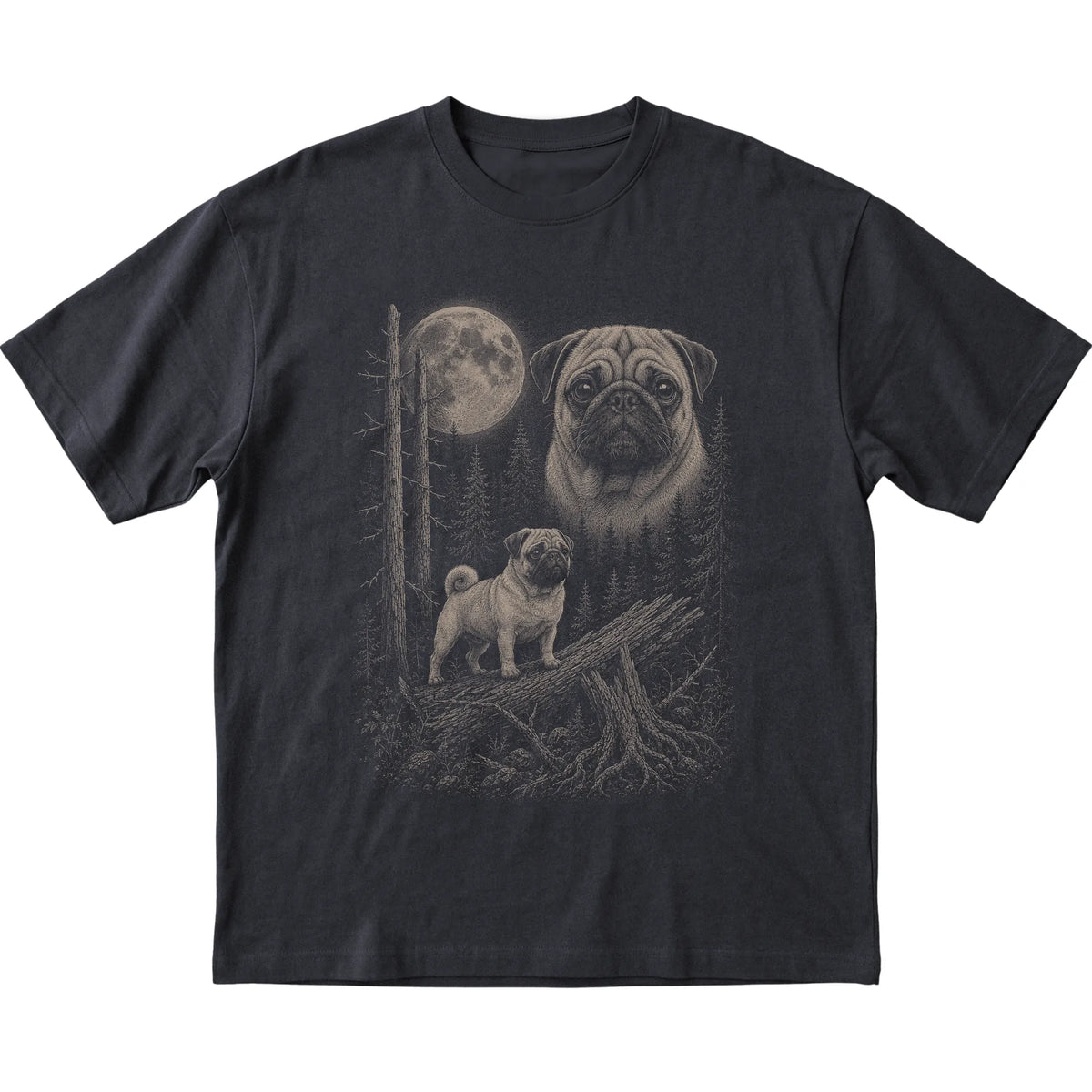 Pug Moonlit Forest graphic on a black Softstyle T-shirt laid flat