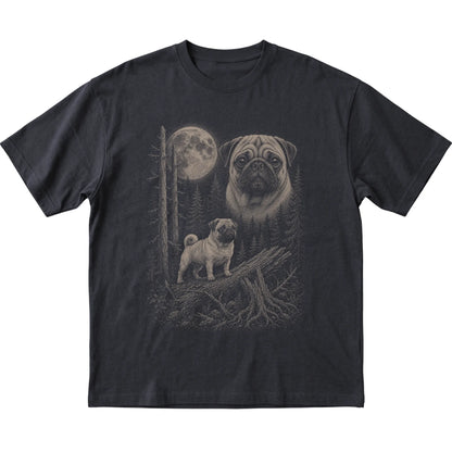 Pug Moonlit Forest graphic on a black Softstyle T-shirt laid flat