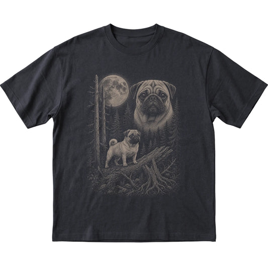 Pug Moonlit Forest graphic on a black Softstyle T-shirt laid flat