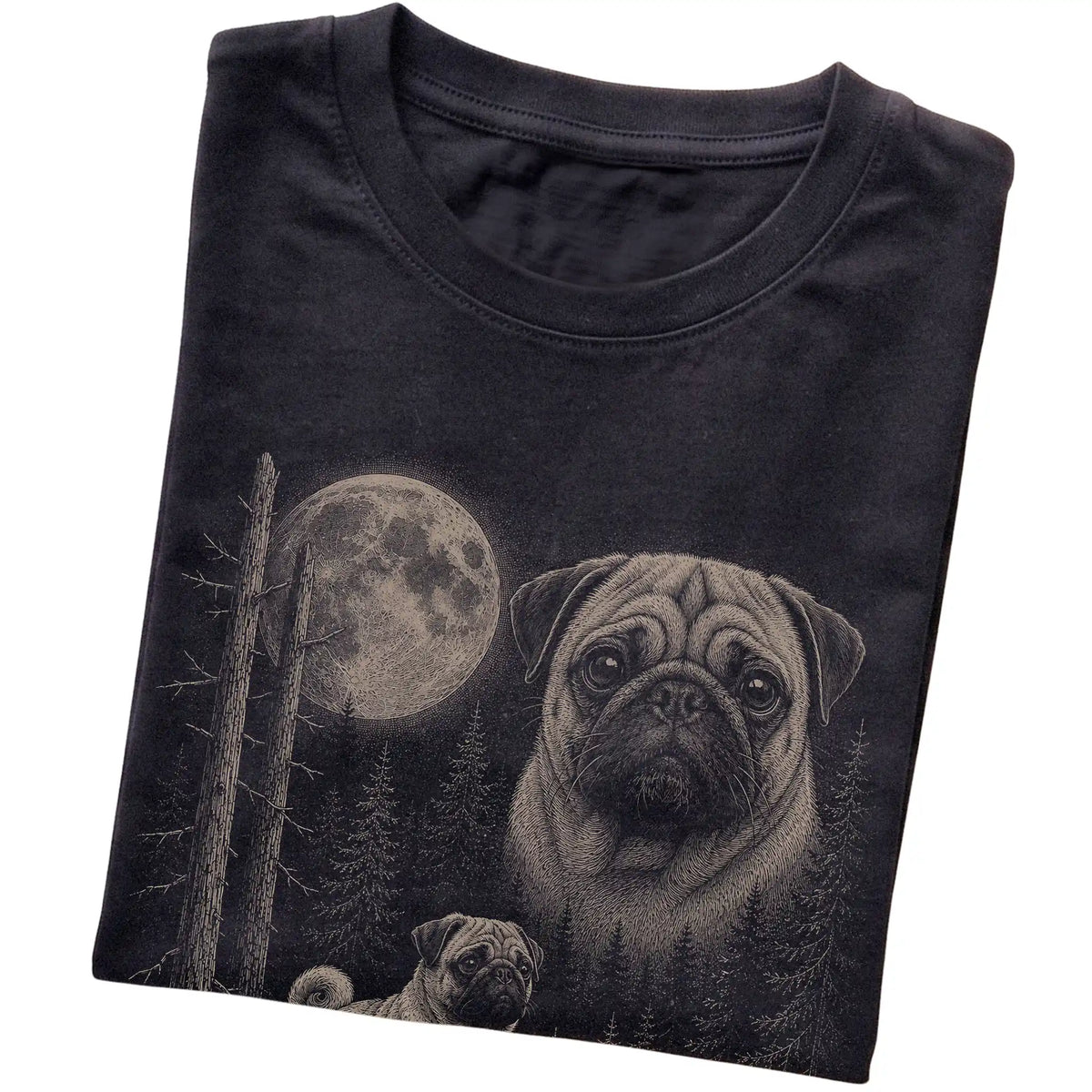 Folded black Softstyle T-shirt showing the Pug Moonlit Forest graphic