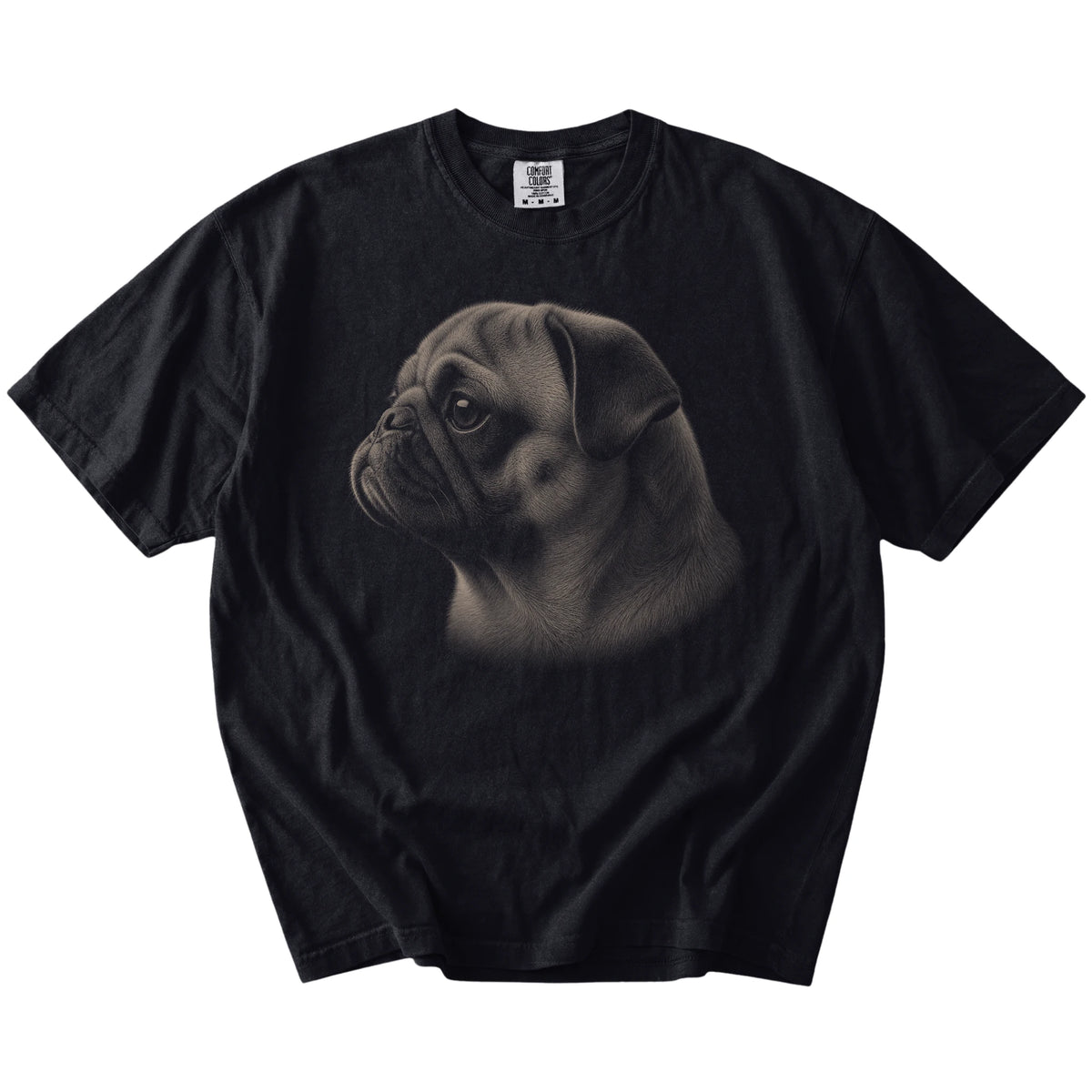 A detailed photographic portrait of a Pug on a Black Comfort Colors® T-shirt