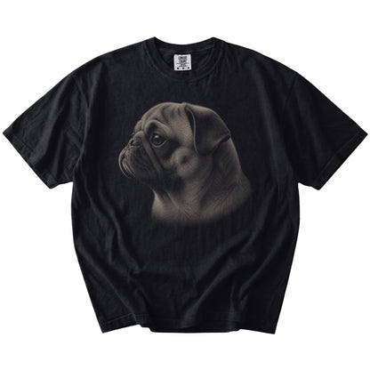 A detailed photographic portrait of a Pug on a Black Comfort Colors® T-shirt