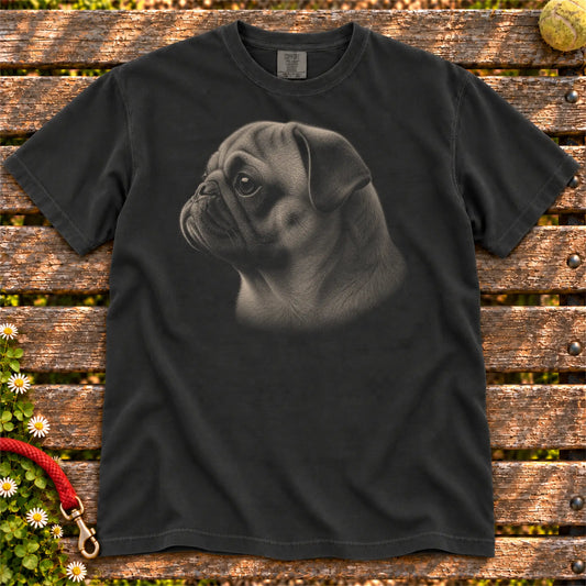 Pug Photo design on a Black Comfort Colors T-shirt, shown flat
