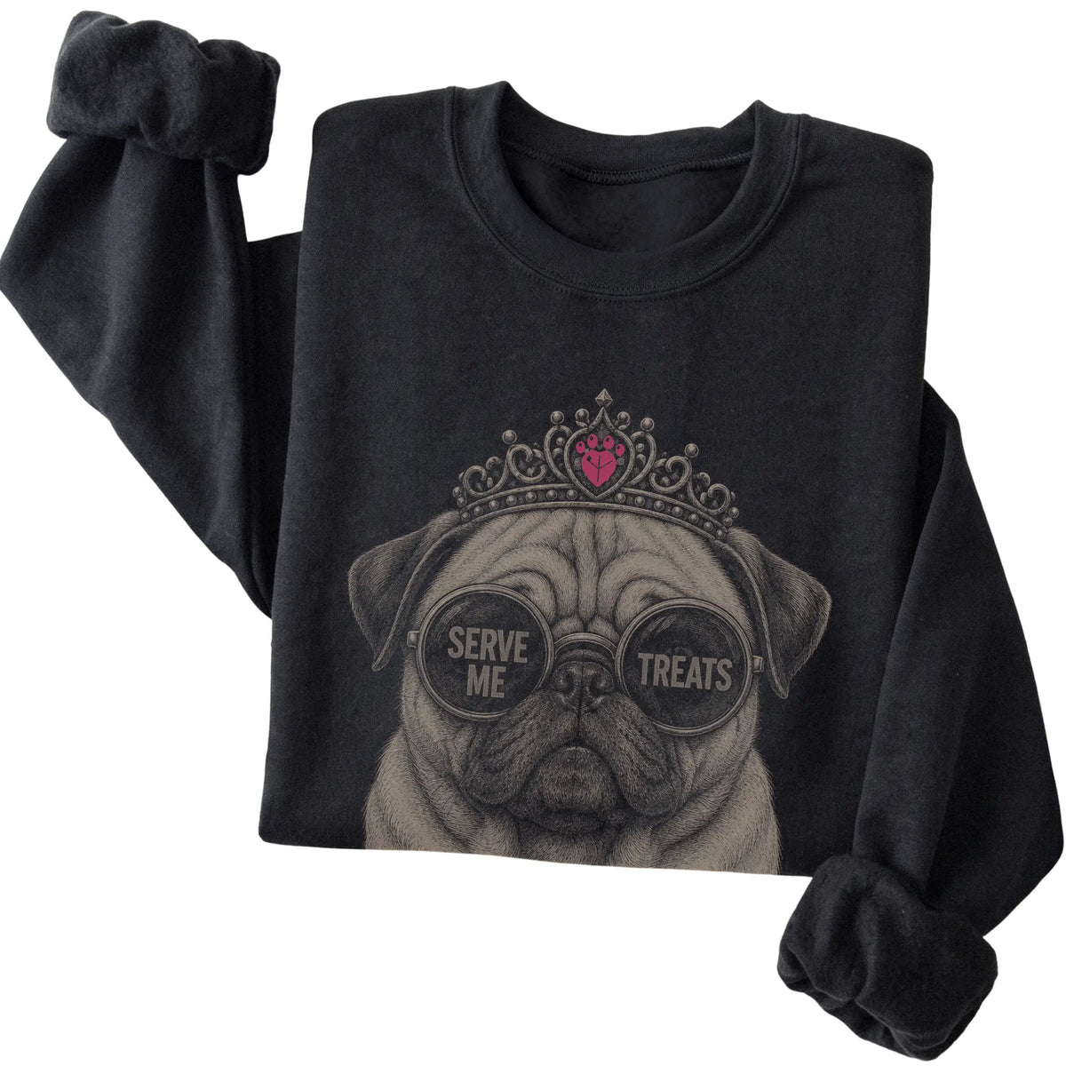 Black Pug Serve Me Treats T-Shirt folded detail