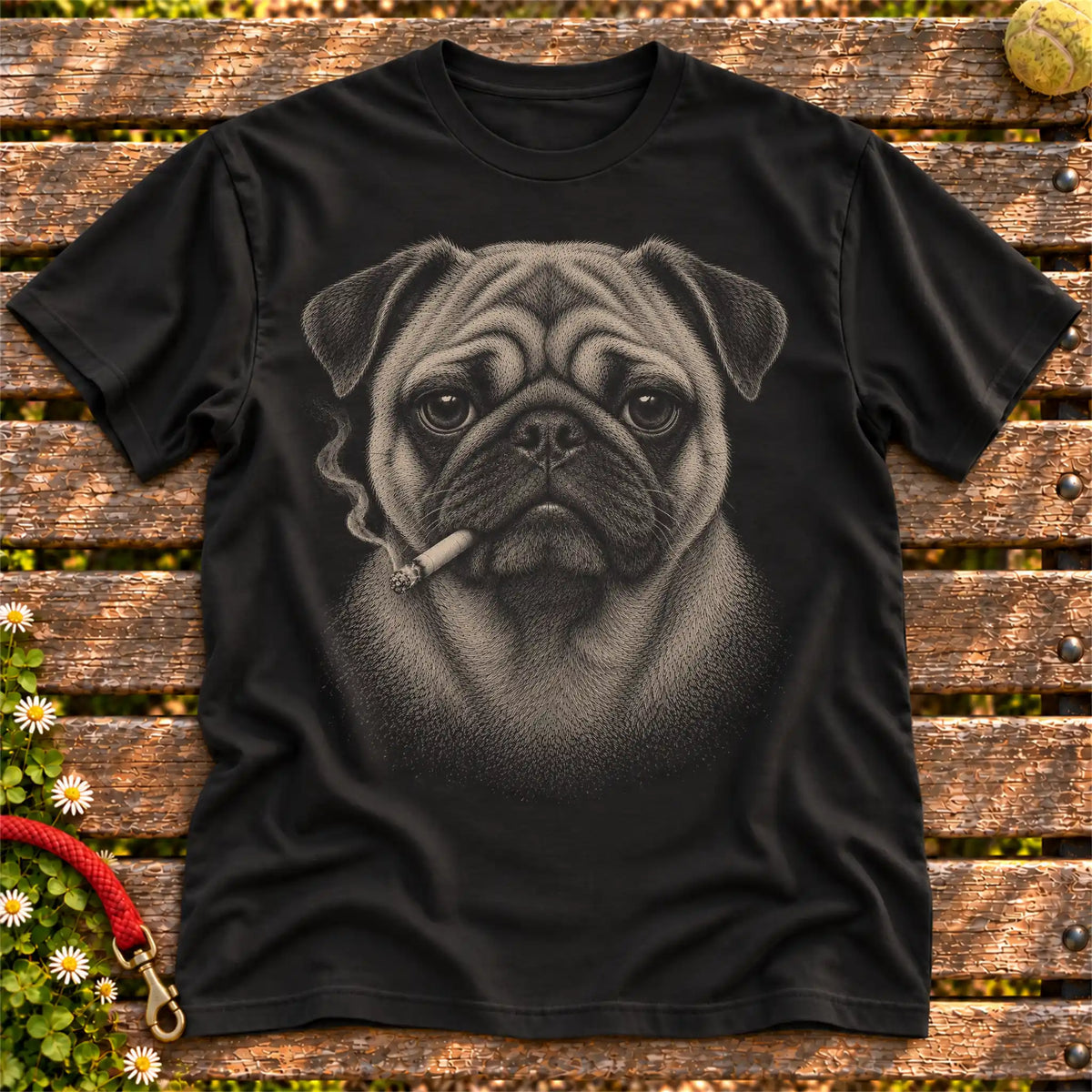 Pug smoking design on a Black t-shirt