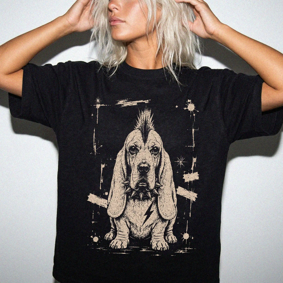 Woman wearing a Black Punk Rock Basset Hound T-Shirt