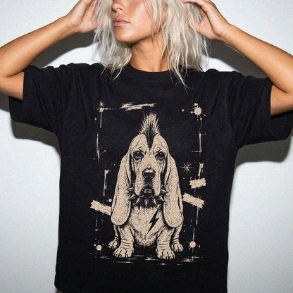 Woman wearing a Black Punk Rock Basset Hound T-Shirt