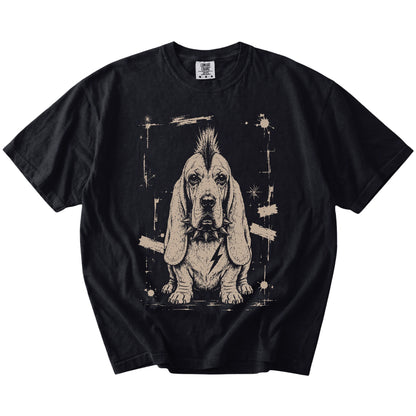 Black Punk Rock Basset Hound T-Shirt laid flat