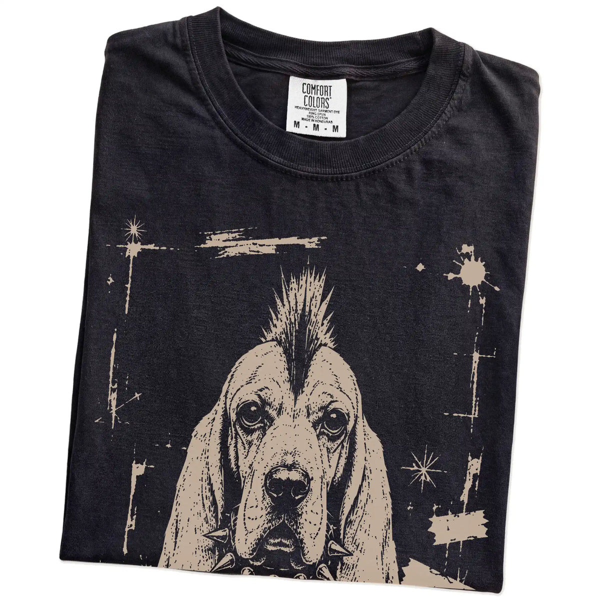Folded Black Punk Rock Basset Hound T-Shirt showing the graphic