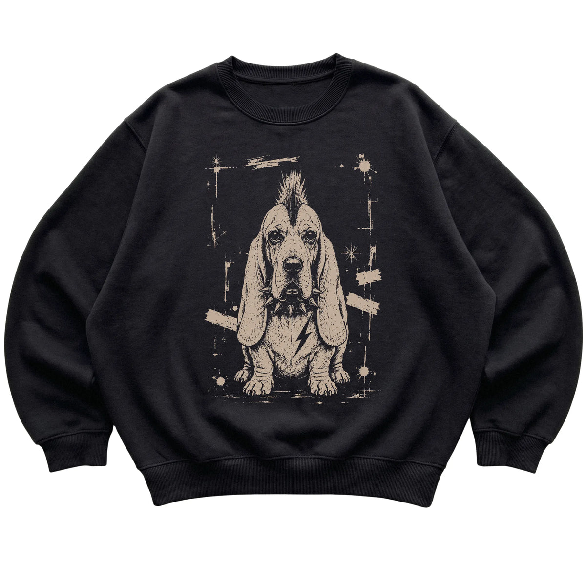 Black Punk Rock Basset Hound sweatshirt, flat view
