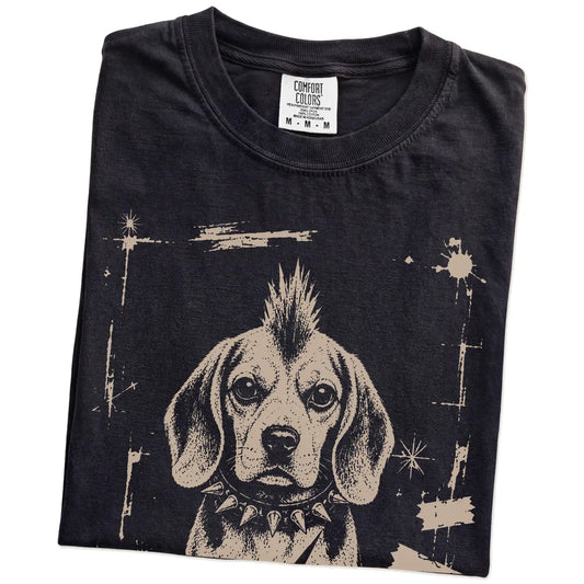 Folded Black Punk Rock Beagle T-Shirt showing the graphic