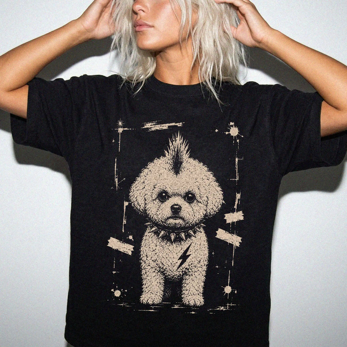 Woman wearing a Black Punk Rock Bichon Frise T-Shirt