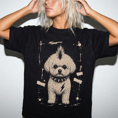 Woman wearing a Black Punk Rock Bichon Frise T-Shirt