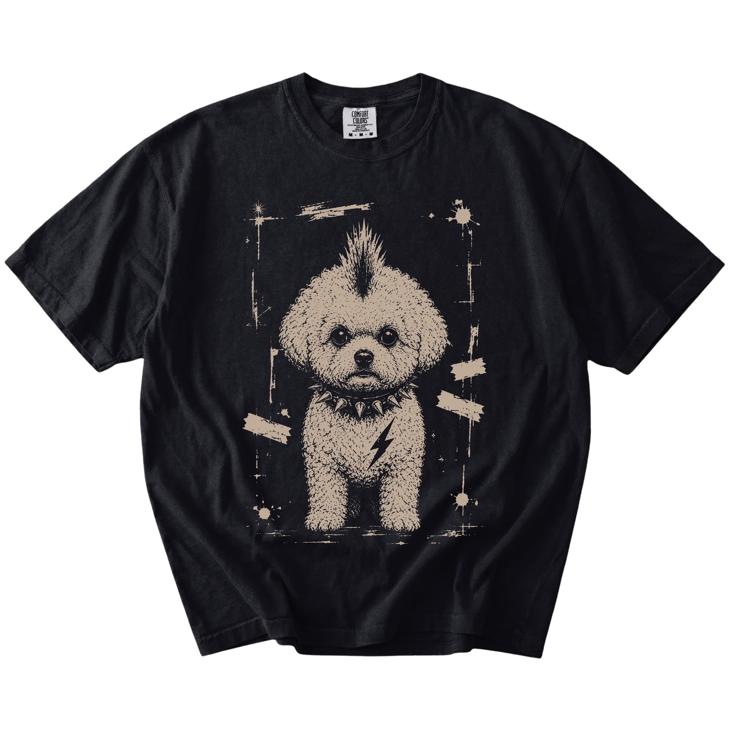 Black Punk Rock Bichon Frise T-Shirt laid flat