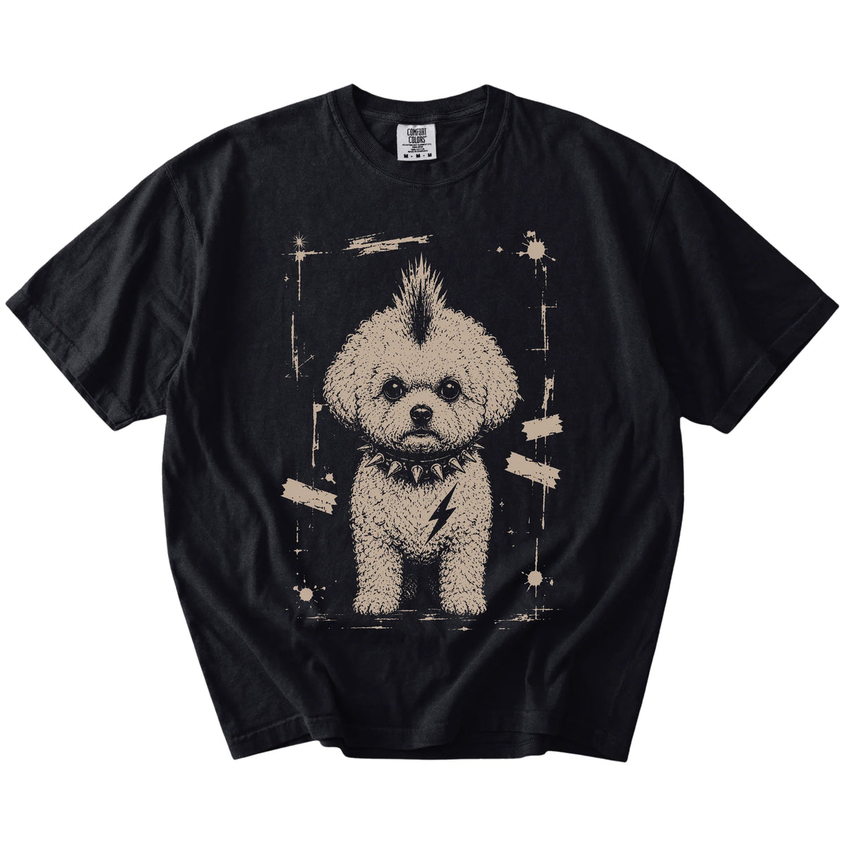 Black Punk Rock Bichon Frise T-Shirt laid flat