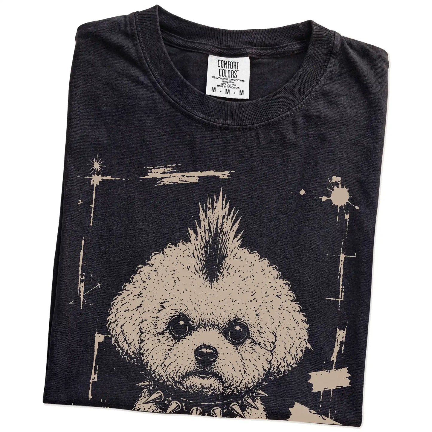 Folded Black Punk Rock Bichon Frise T-Shirt showing the graphic