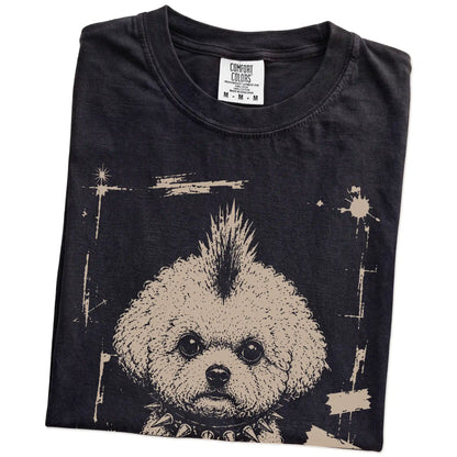 Folded Black Punk Rock Bichon Frise T-Shirt showing the graphic