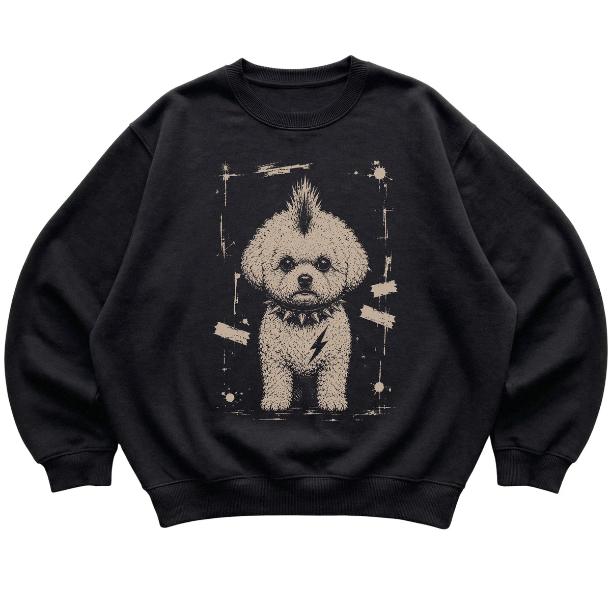 Black Punk Rock Bichon Frise sweatshirt, flat view