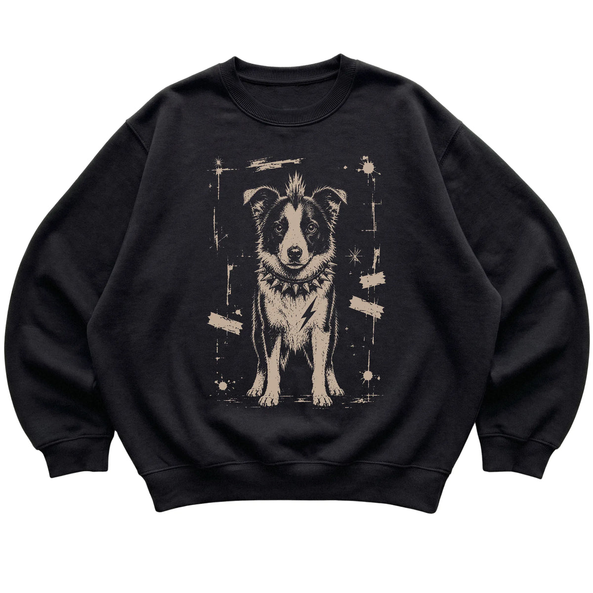 Black Punk Rock Border Collie sweatshirt, flat view