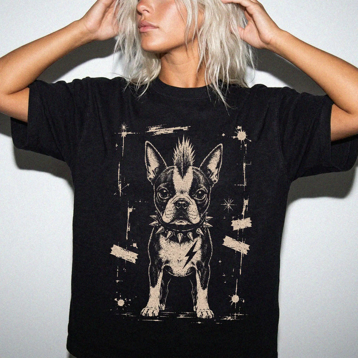 Woman wearing a Black Punk Rock Boston Terrier T-Shirt