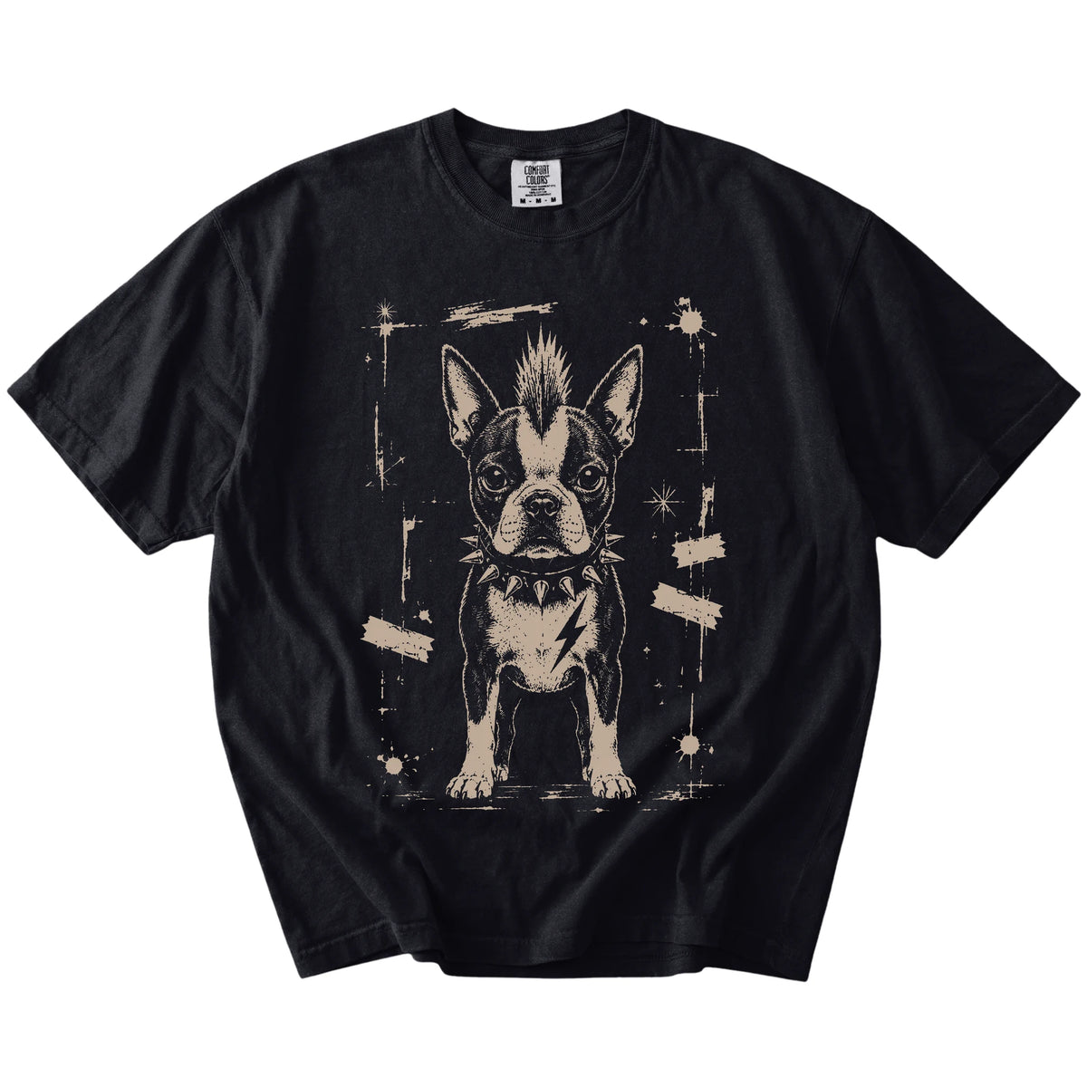 Black Punk Rock Boston Terrier T-Shirt laid flat