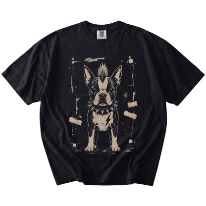 Black Punk Rock Boston Terrier T-Shirt laid flat