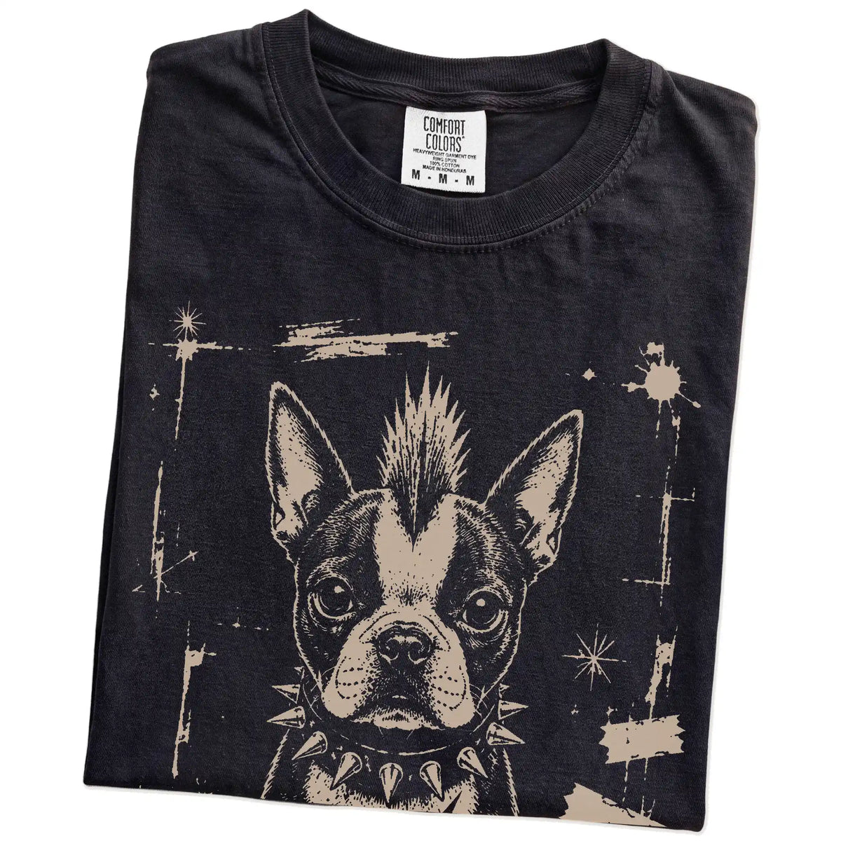 Folded Black Punk Rock Boston Terrier T-Shirt showing the graphic