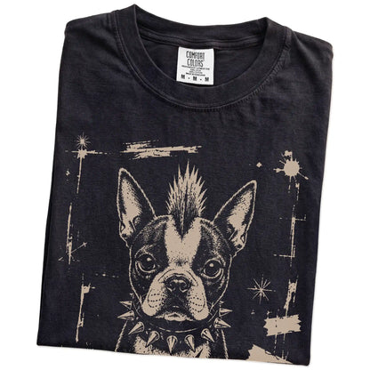 Folded Black Punk Rock Boston Terrier T-Shirt showing the graphic