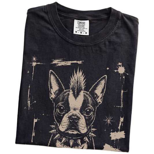 Folded Black Punk Rock Boston Terrier T-Shirt showing the graphic