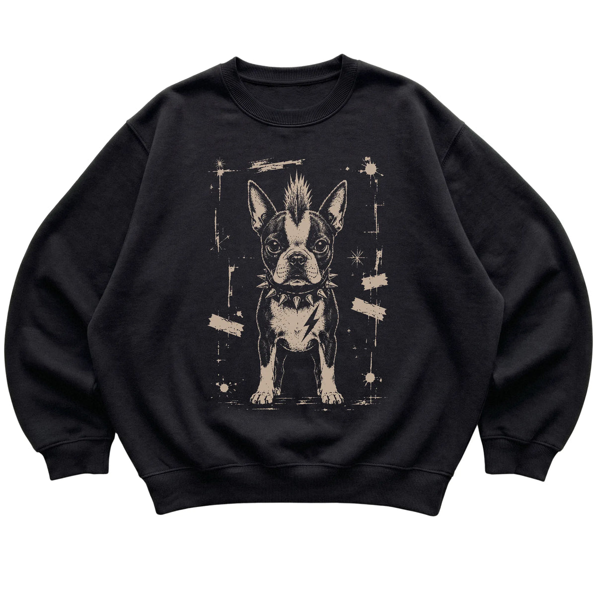 Black Punk Rock Boston Terrier sweatshirt, flat view