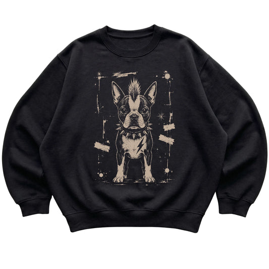 Black Punk Rock Boston Terrier sweatshirt, flat view