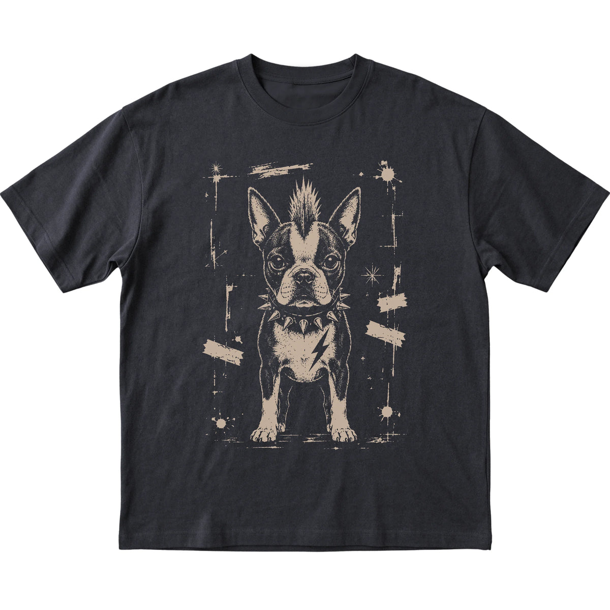 Black Punk Rock Boston Terrier T-shirt, flat view