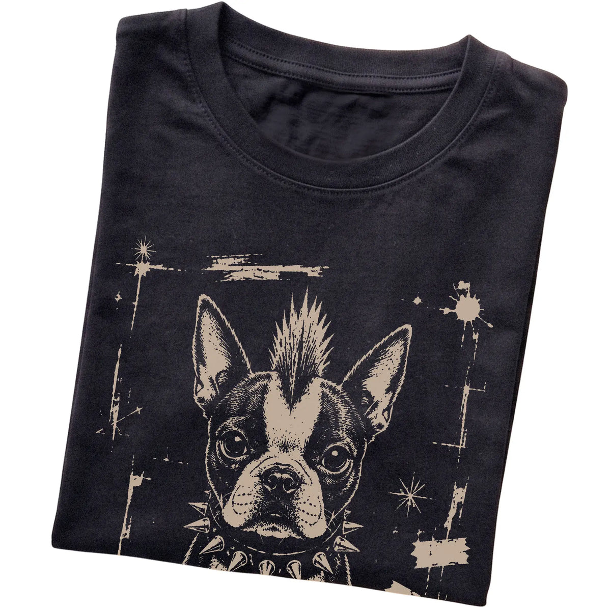 Black Punk Rock Boston Terrier T-shirt, folded view