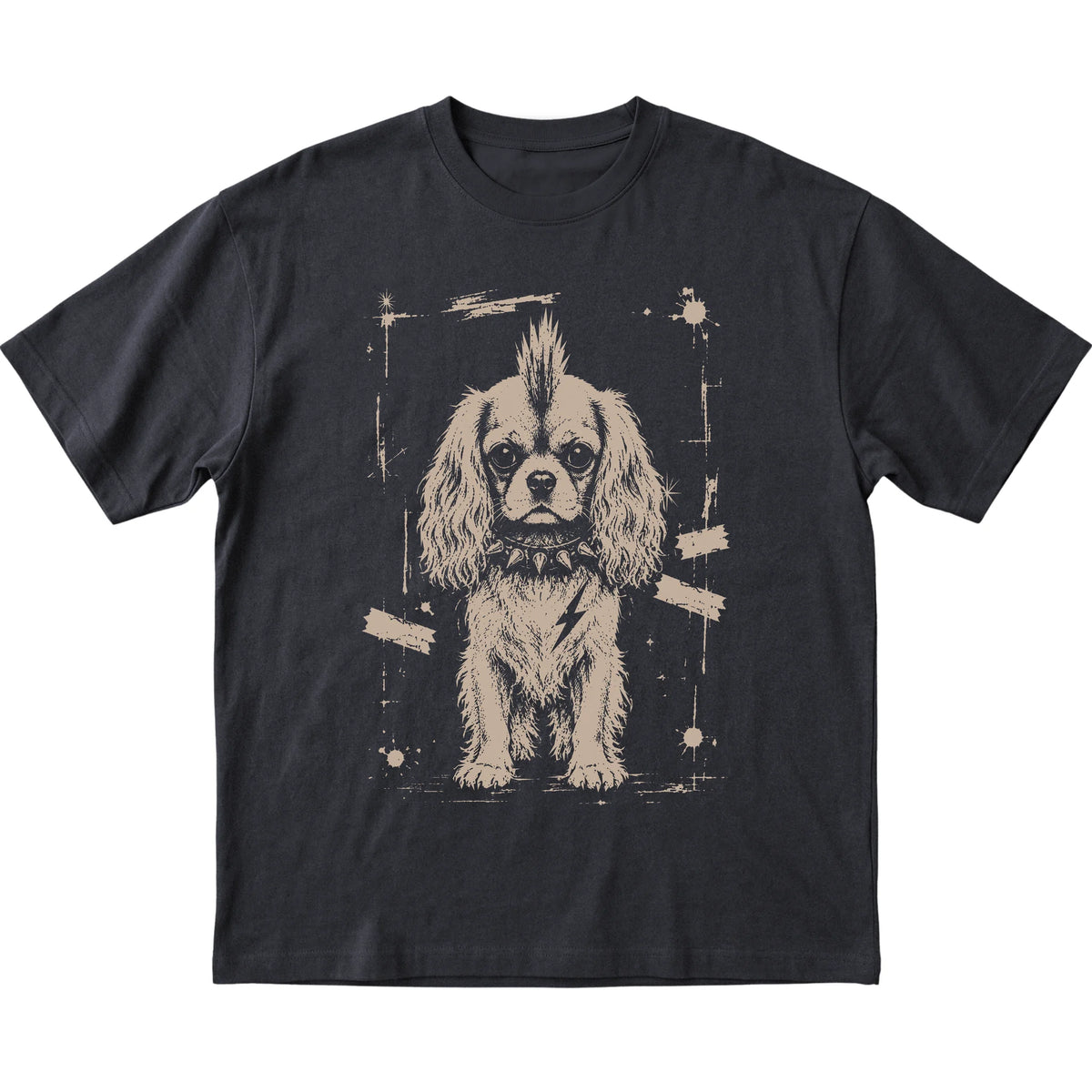 Black Punk Rock Cavalier King Charles Spaniel T-shirt, flat view