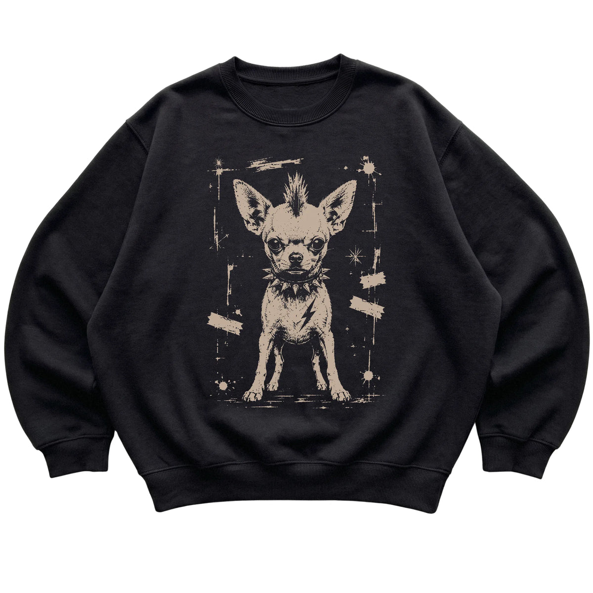Black Punk Rock Chihuahua sweatshirt, flat view