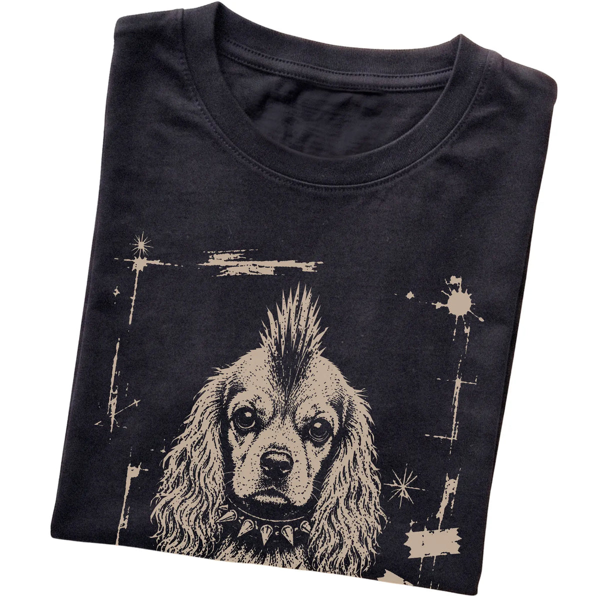 Black Punk Rock Cocker Spaniel T-shirt, folded view
