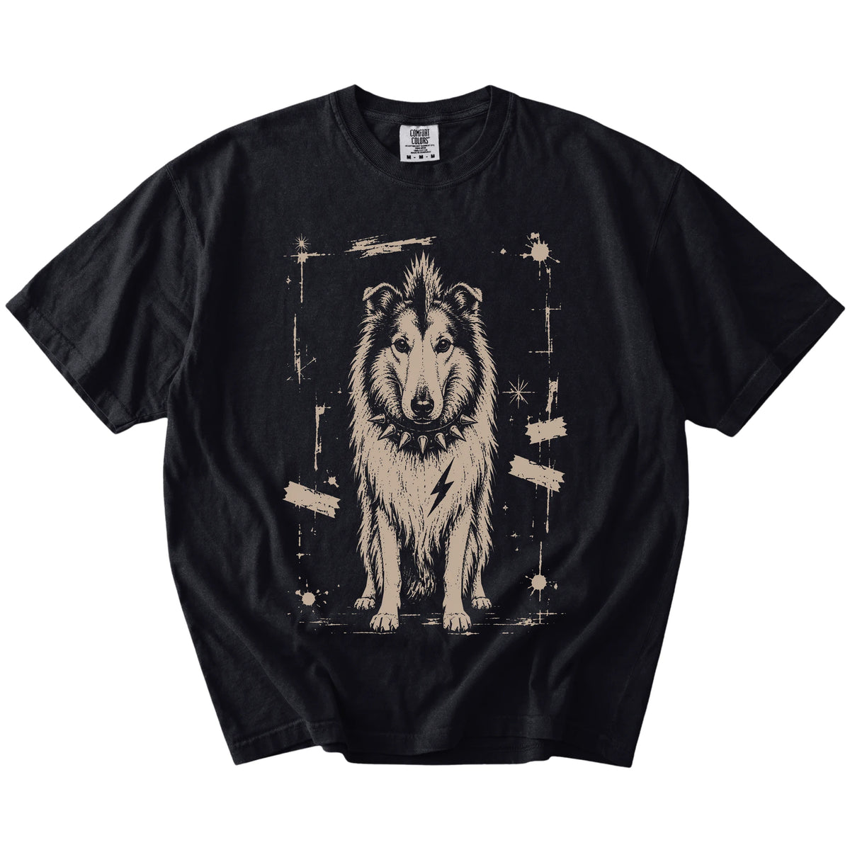 Black Punk Rock Collie T-Shirt laid flat